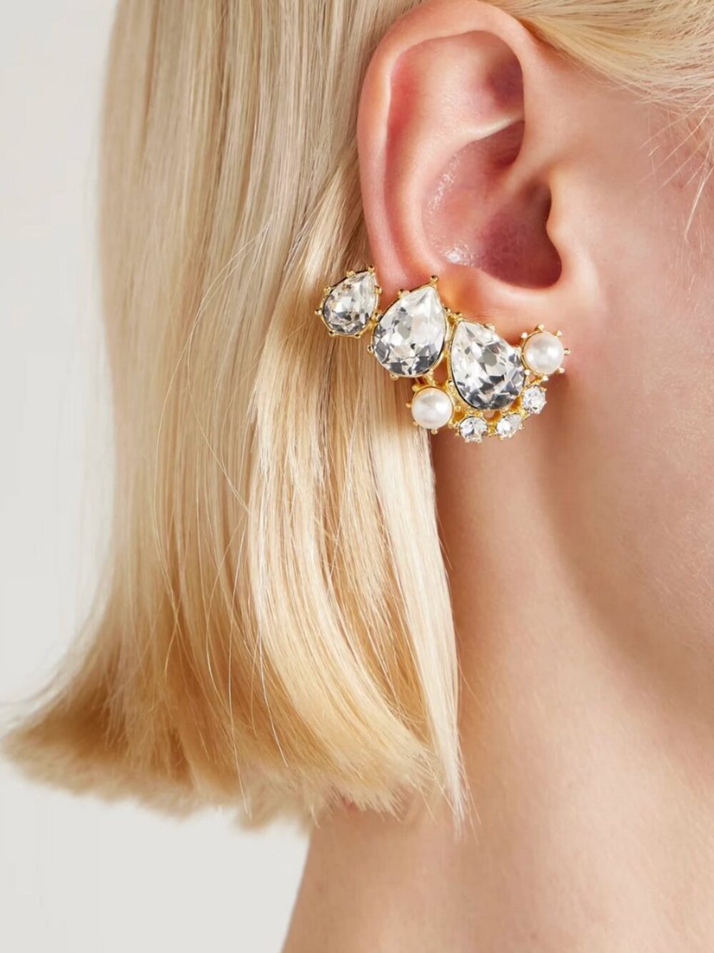 Oscar de la Renta Gold Crystal Pearl Cluster Clip-On Earrings Statement Bridal